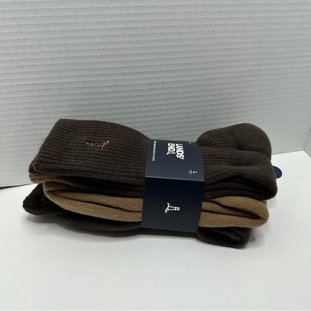 NWT Lands' End Men's Soft Touch Boot Socks 3 Pack Full Terry Sz Lg Brown &‎ Tan